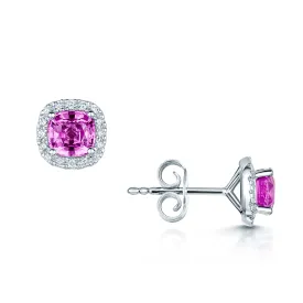 18ct White Gold Cushion Pink Sapphire And Diamond Halo Cluster Stud Earrings