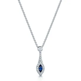 18ct White Gold Marquise Cut Sapphire & Round Brilliant Cut Diamond Cluster Pendant