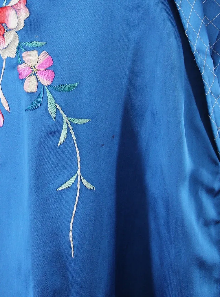 1950s Vintage Royal Blue Satin Embroidered Robe