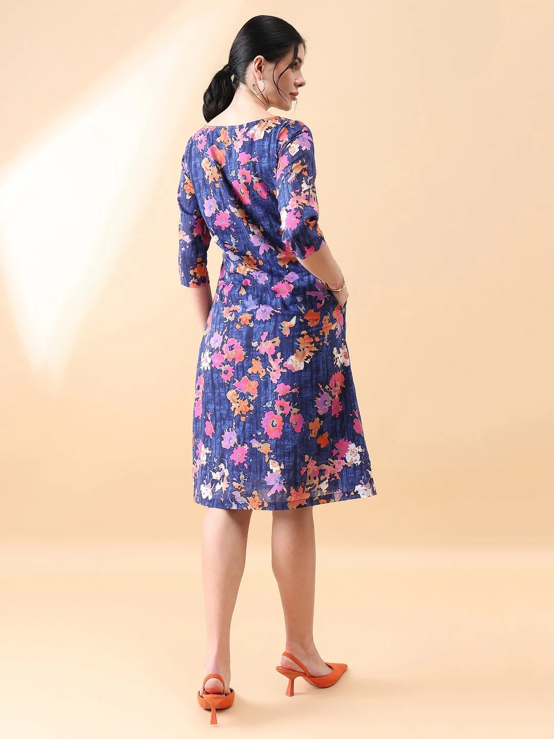 A-Line cotton floral printed dress- Navy & Orange