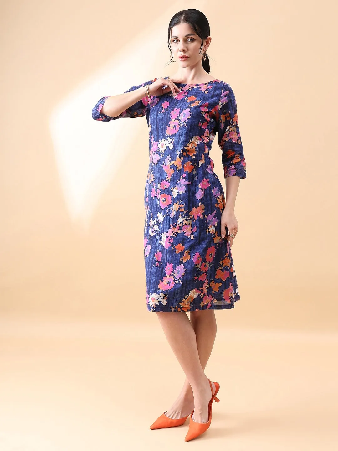 A-Line cotton floral printed dress- Navy & Orange