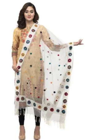 A R Silk Women's Orgenza Cotton Thread Work Cream Fancy Dupatta