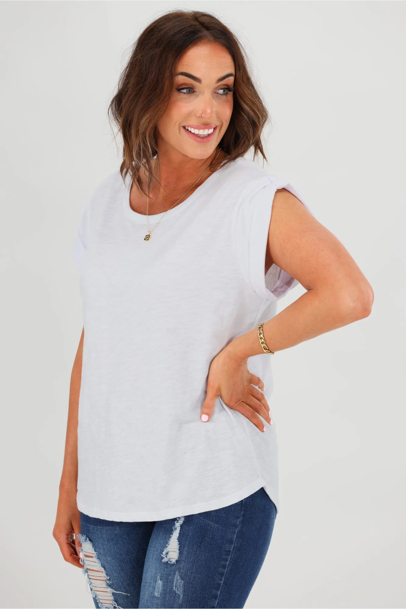 Betty Basics Gemma Roll Cuff Tee White