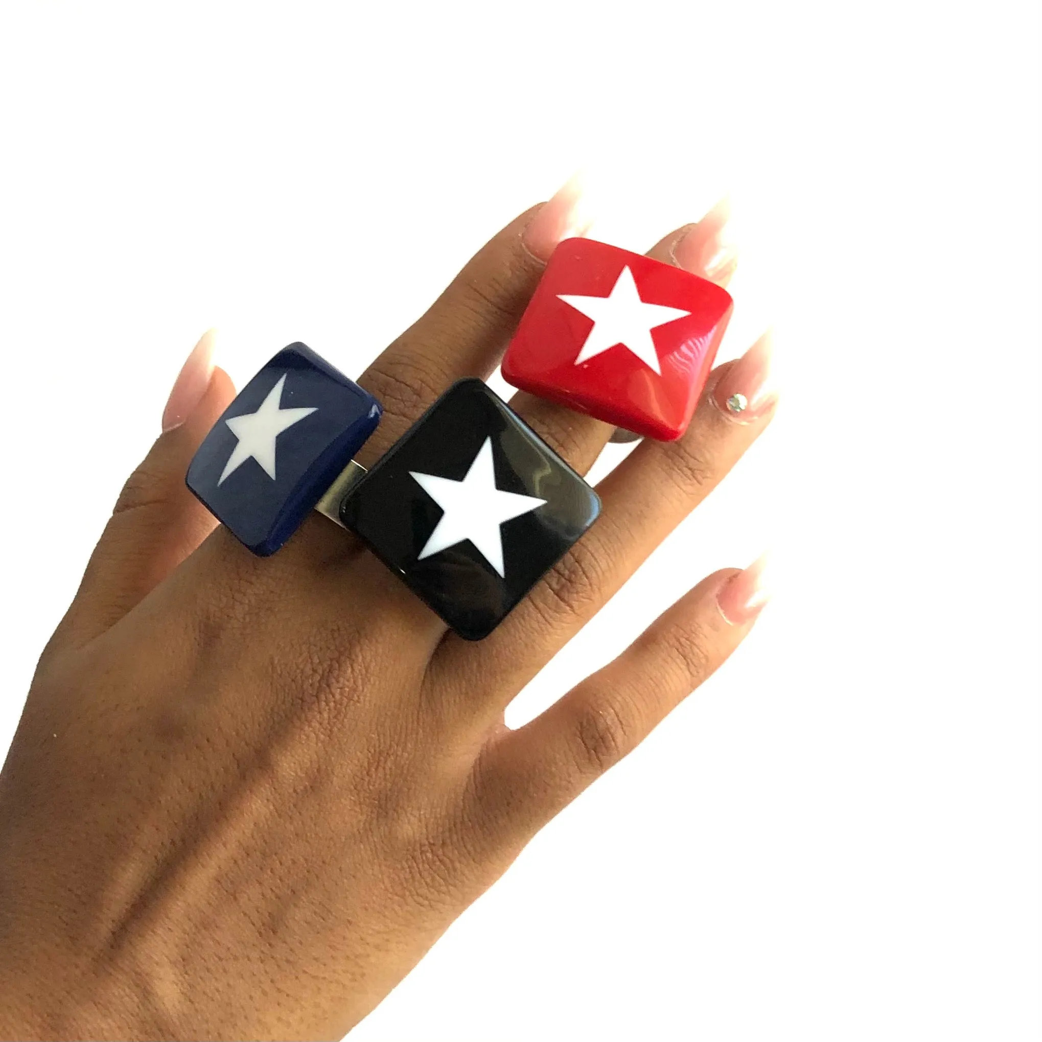 Black & White Star Lucite Silver Cocktail Ring