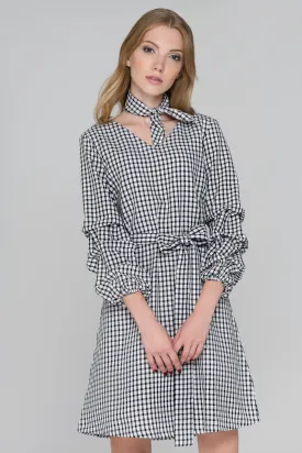 Black Gingham Puff Sleeves Midi Dress