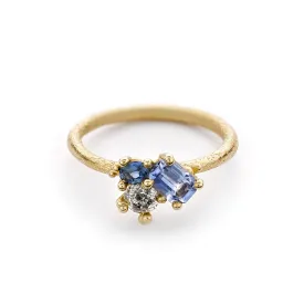 Blue Sapphire and Diamond Aysmmetric Cluster Ring