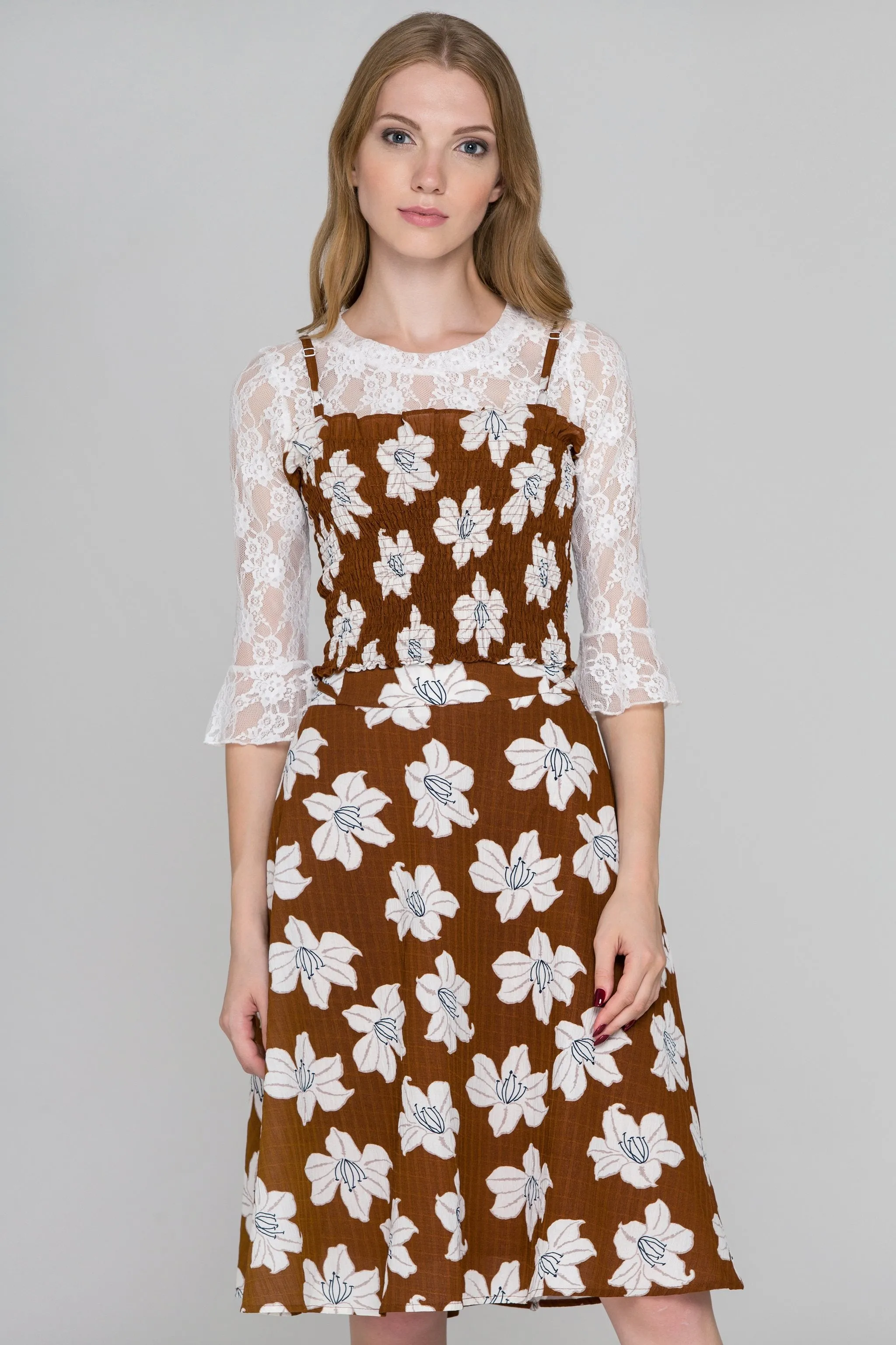 Brown Flower Print Three Piece Midi Dress