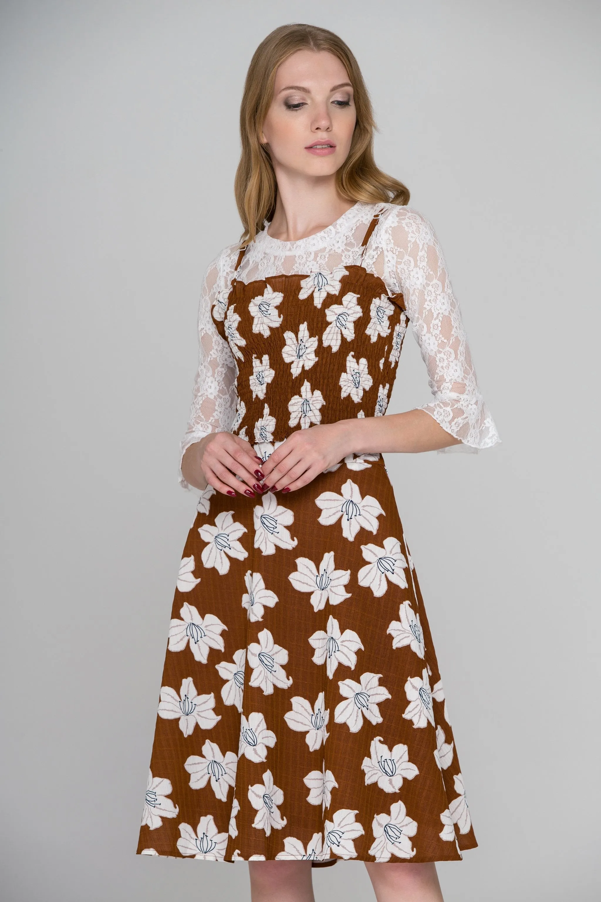 Brown Flower Print Three Piece Midi Dress