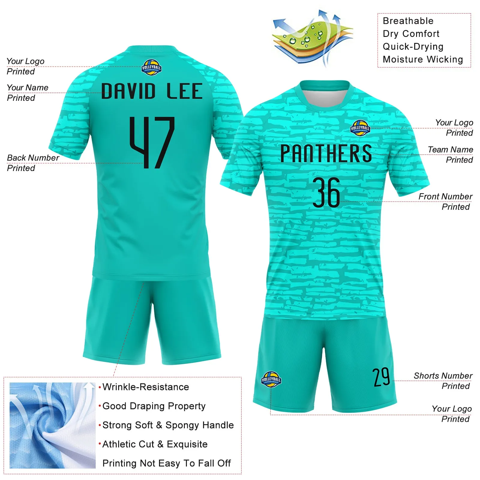 Custom Aqua Black Abstract Fragment Art Sublimation Volleyball Uniform Jersey