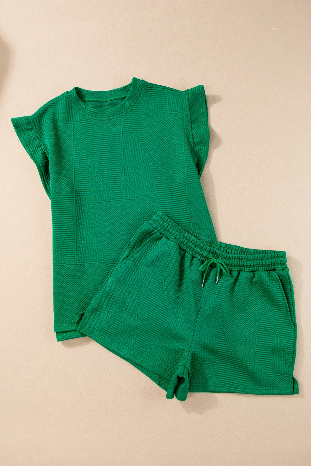 Dark Green Textured Ruffle Split Top and Drawstring Shorts (Takes 2 Weeks Delivery)