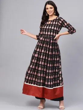 Divena Black Printed Cotton Floor Length Anarkali Kurta