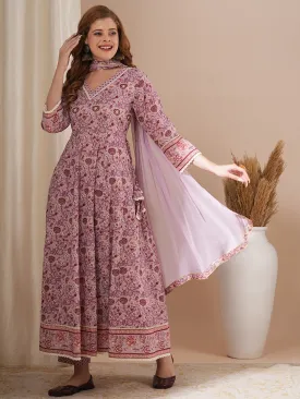 Ethnic Floral Printed & Hand Embroidered Anarkali Kurta with Pant & Dupatta - Lavender