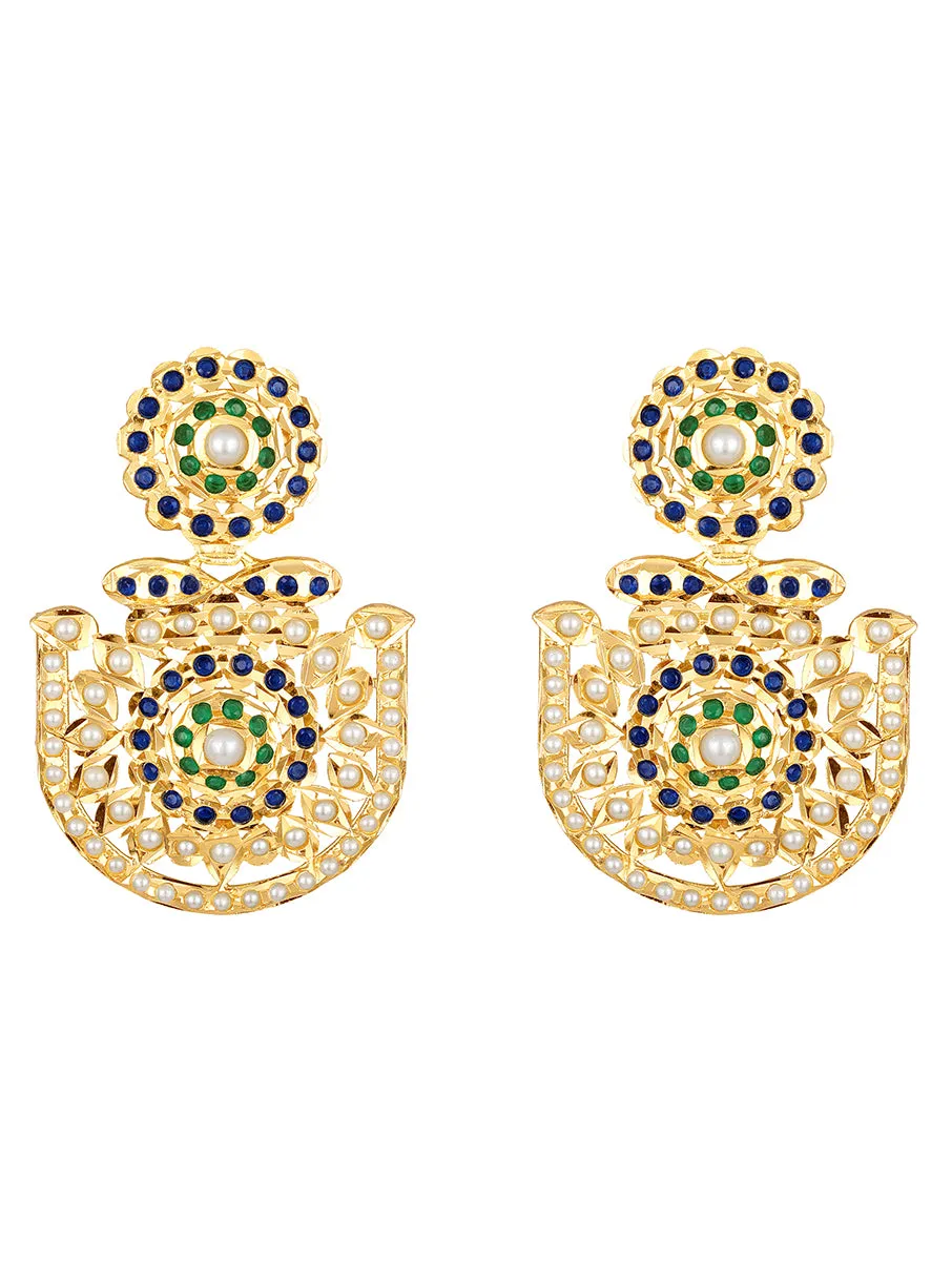 Golden, Green and Navy Kundan Polki, Pearls, Earrings