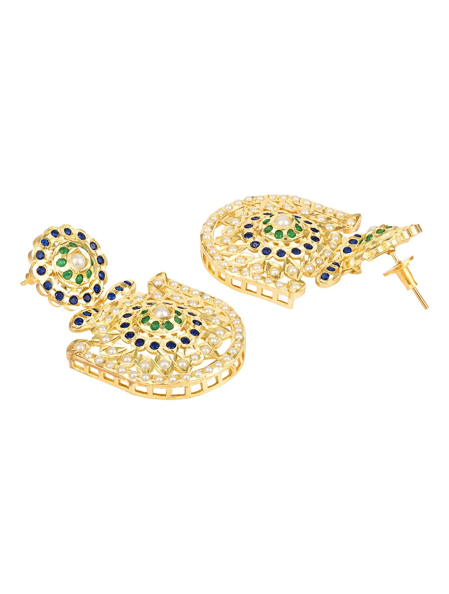 Golden, Green and Navy Kundan Polki, Pearls, Earrings