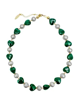 Heart-Shaped Malachite with Gray Freshwater Pearls Statement Necklace LN047