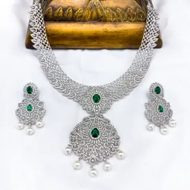 HIRA - A Statement Diamond Alike Bridal White and Emerald Green Zircon (CZ) Stone Necklace