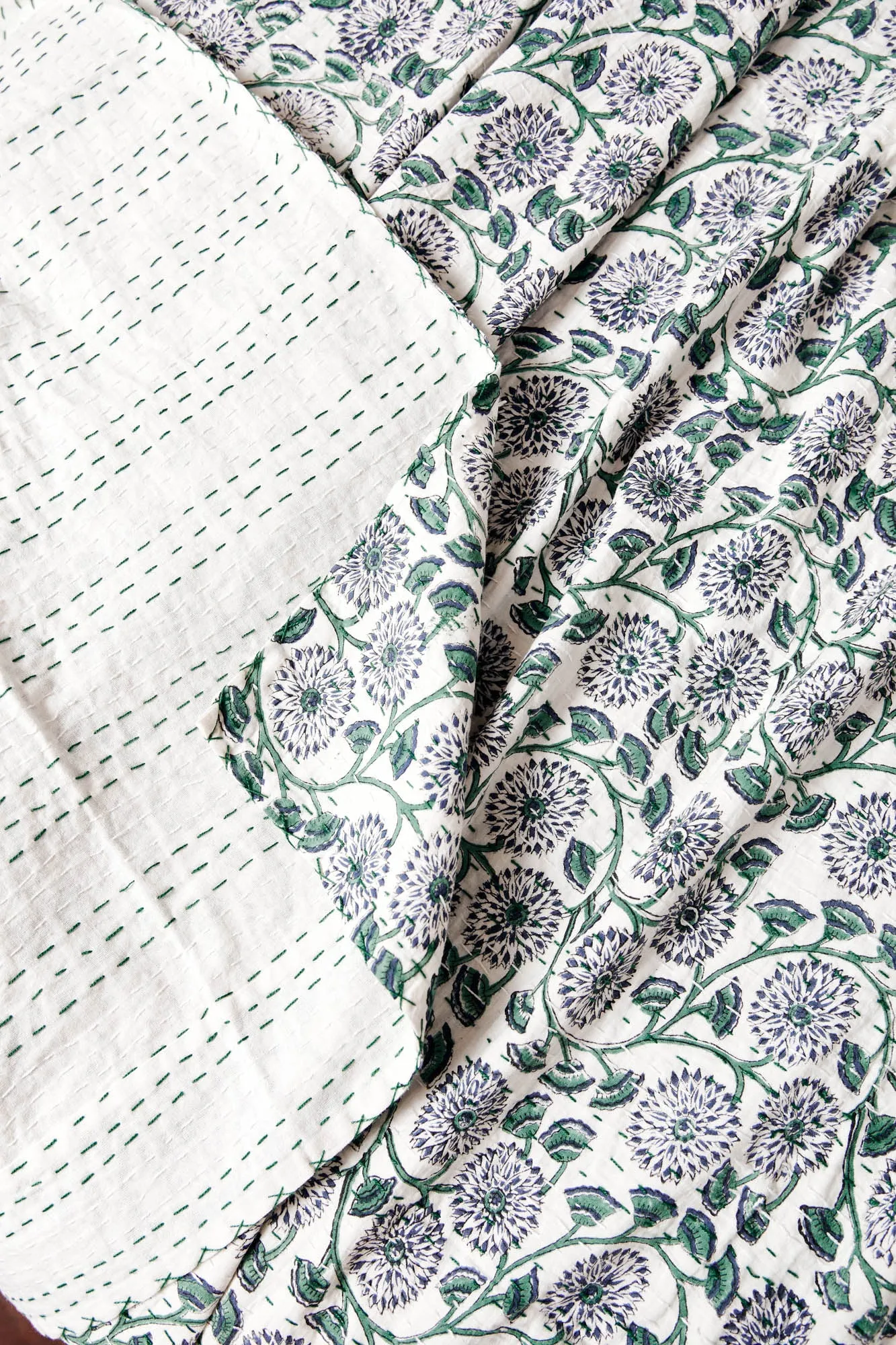 Kantha Quilt Emerald Flowers