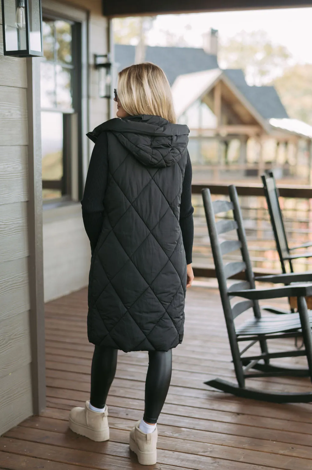 Leigh Quilted Long Vest-Black