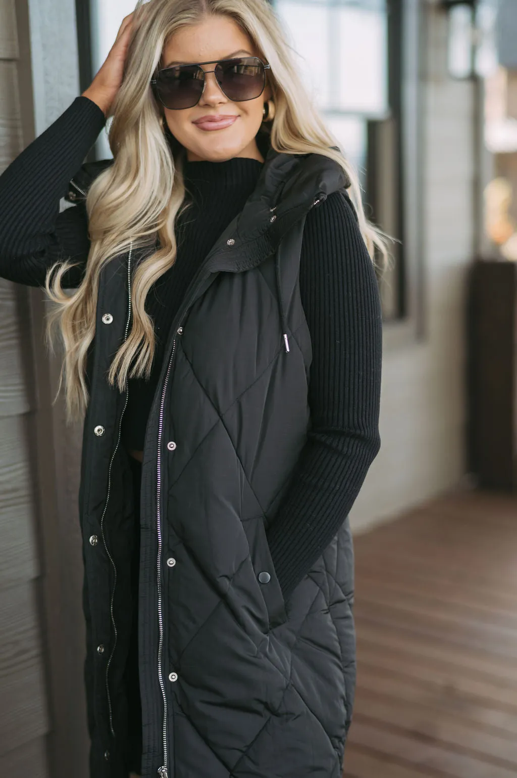 Leigh Quilted Long Vest-Black