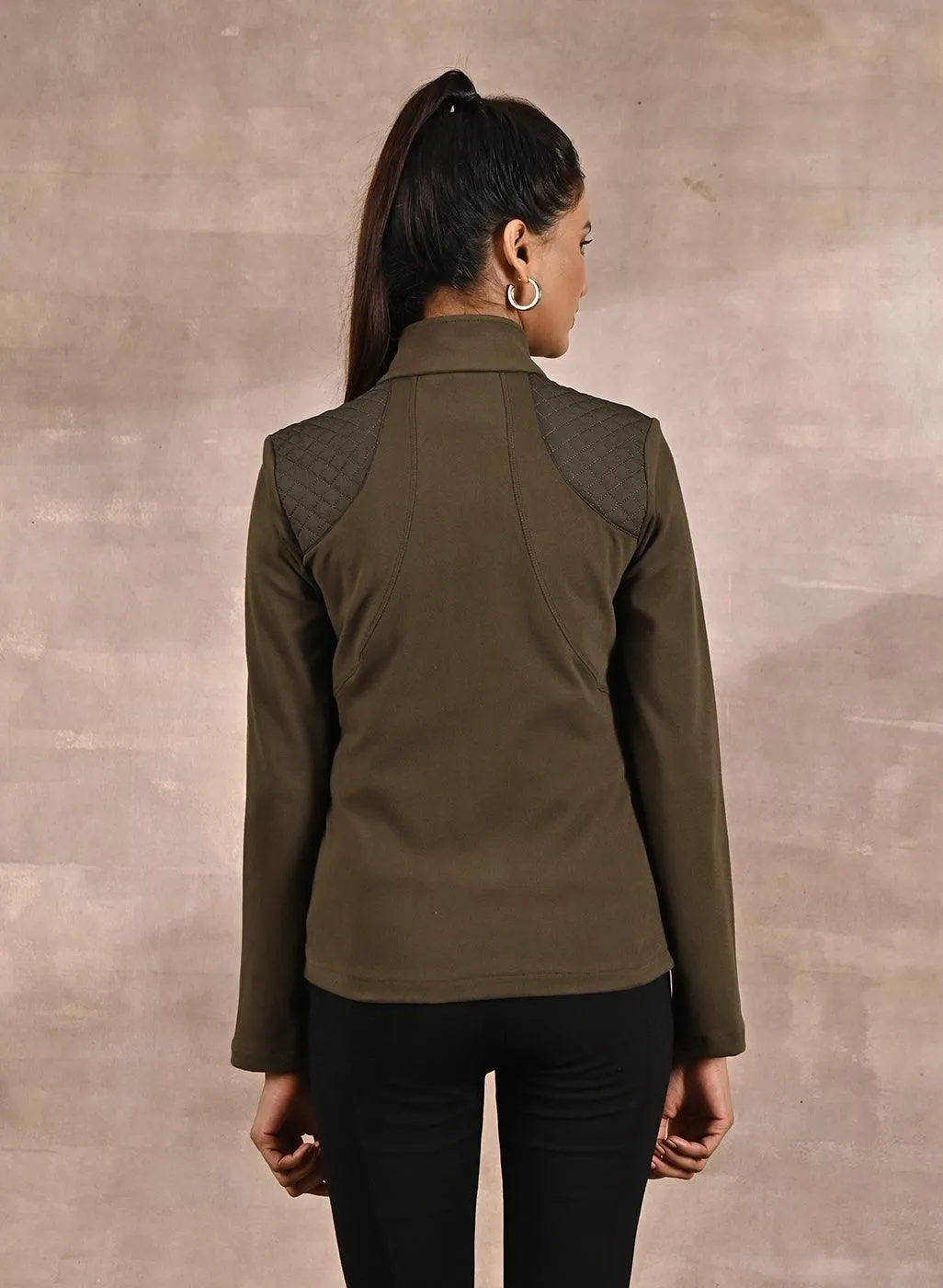 Olive Fleece Full-sleeve Jacket with Quilted Yoke at Front