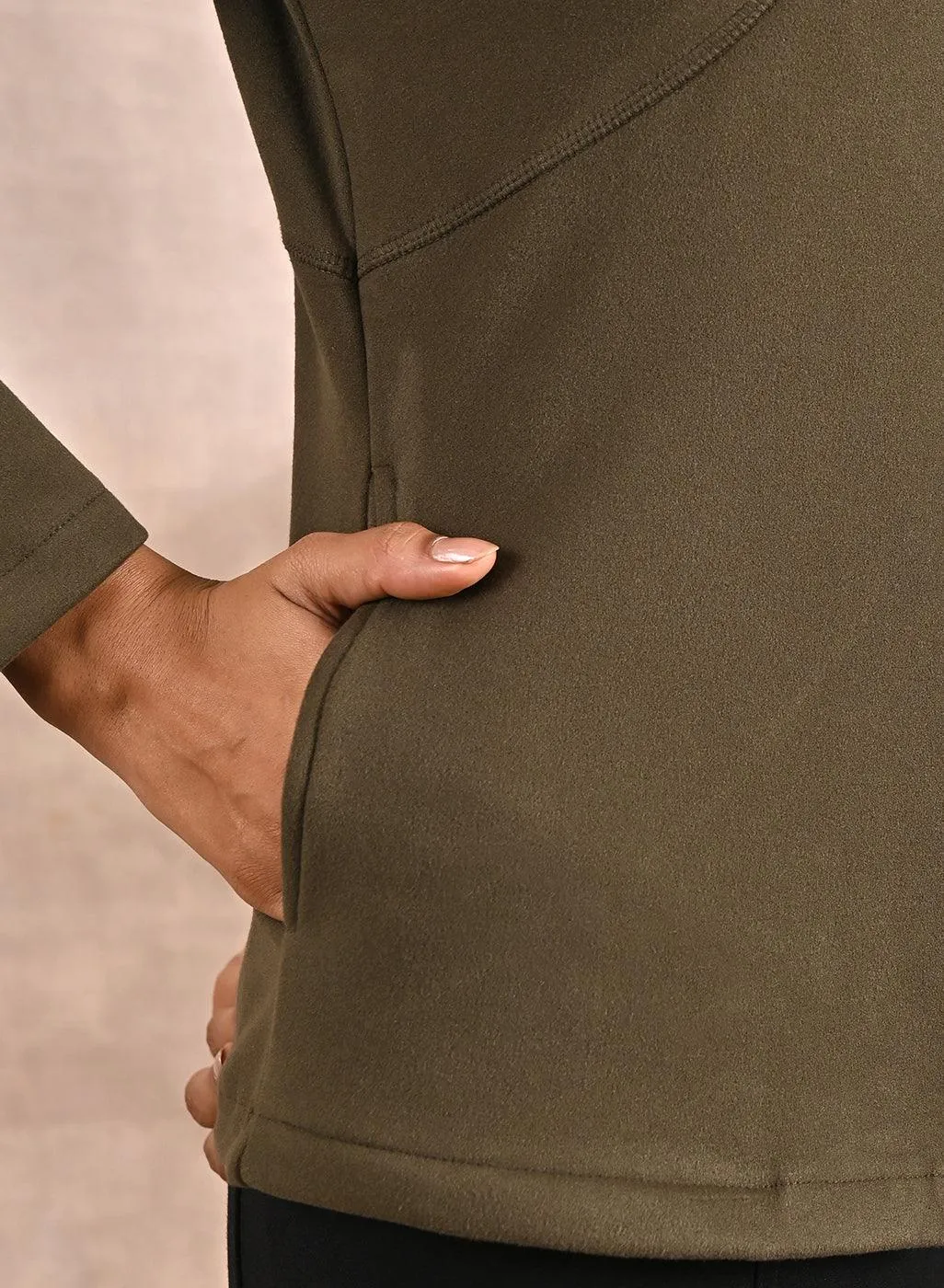 Olive Fleece Full-sleeve Jacket with Quilted Yoke at Front