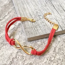 RED GENUINE SUEDE LEATHER INFINITY BRACELET / ETERNITY FRIENDSHIP BAND