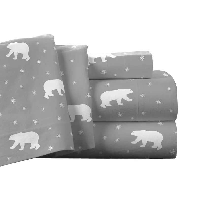 Ricode Bear Print Gray 100% Cotton Flannel Sheet Set