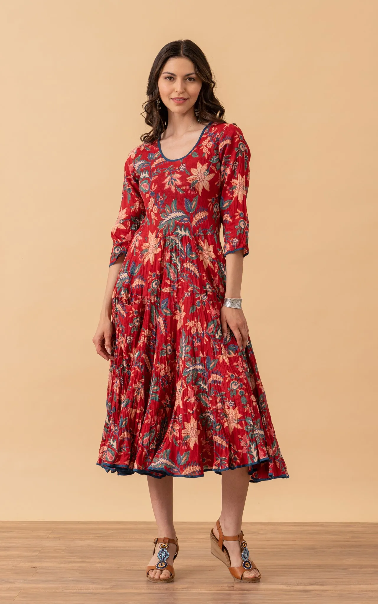 Santa Fe Dress, Long, 3/4 Sleeve, Bombay Red