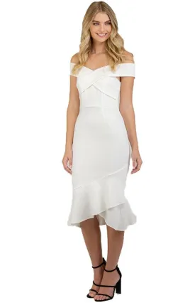 Women's White Bodycon Off Shoulder with Cross Front Detail Dress