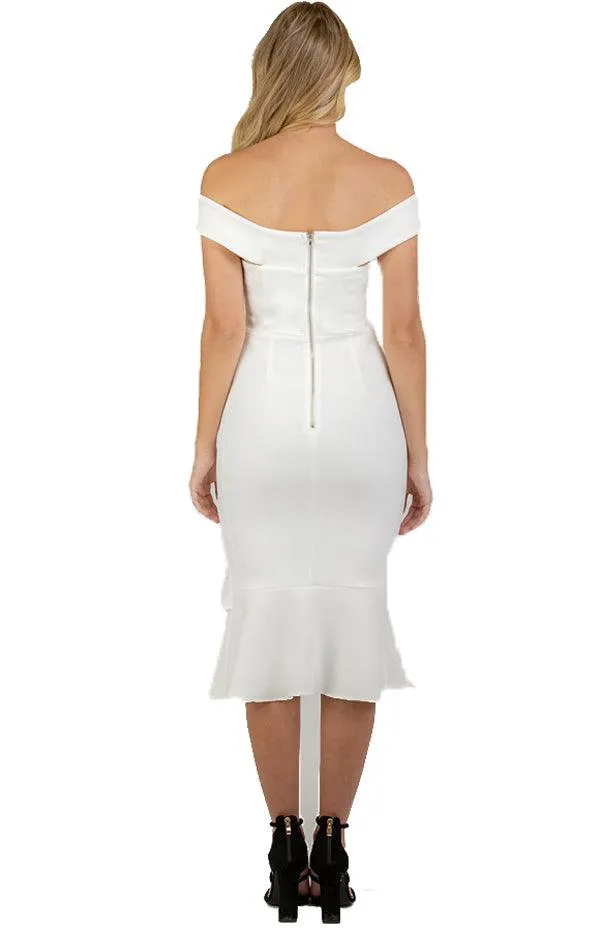 Women's White Bodycon Off Shoulder with Cross Front Detail Dress